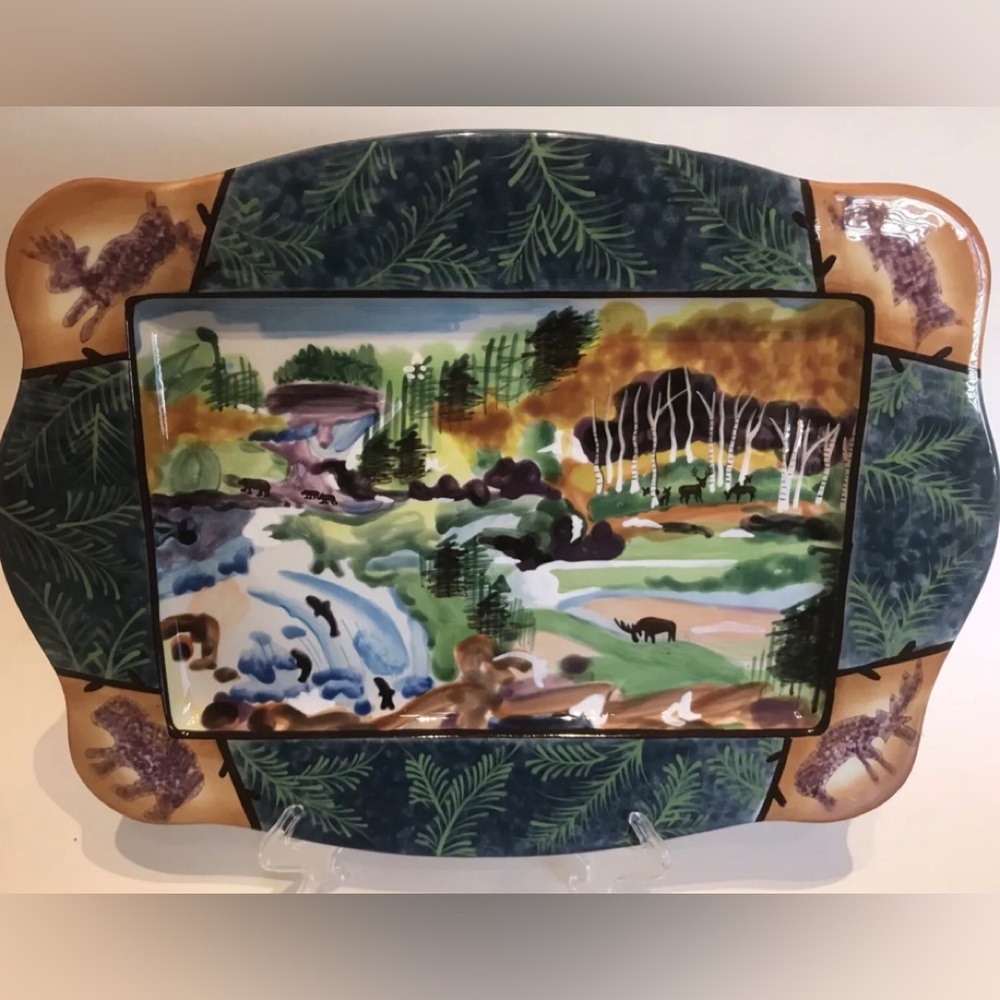 Michal Sparks American Retro Meadow Crossing Platter - Bears, Fish, Moose, Deer